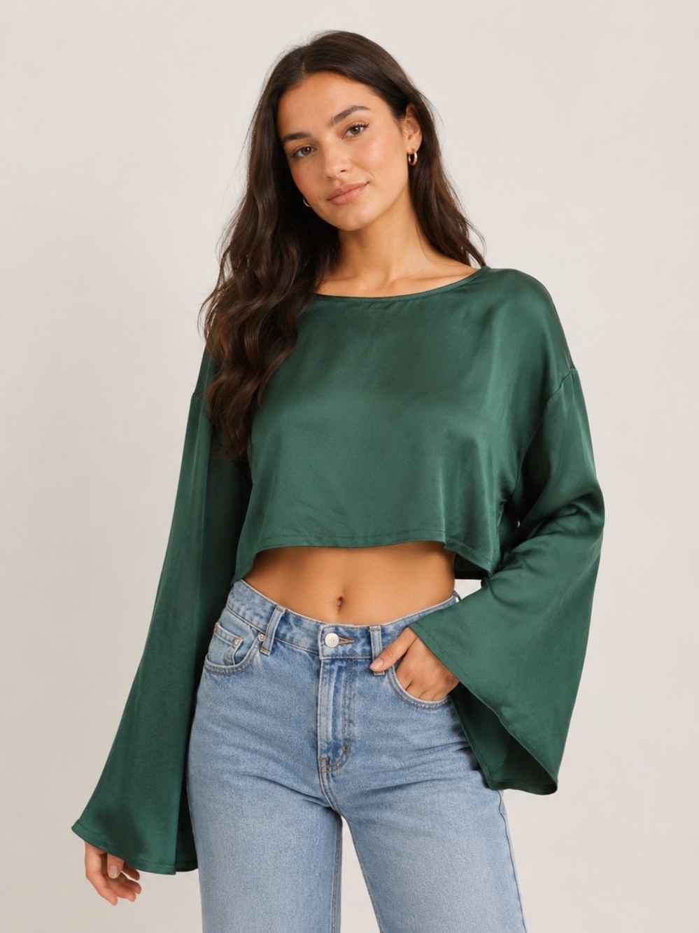 Mango Emerald Green Satin Bell-Sleeve Crop Top